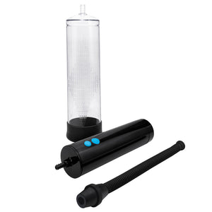 A clear electric vacuum penis pump stands next to its wired remote control with 2-button operation.