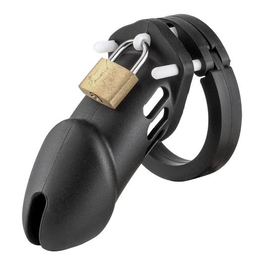 A black silicone cock cage against a white backdrop with ventilation holes.