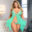 A plus-size lingerie model wears a mint babydoll with a split-front design and white lace trim on the wire-free cups.