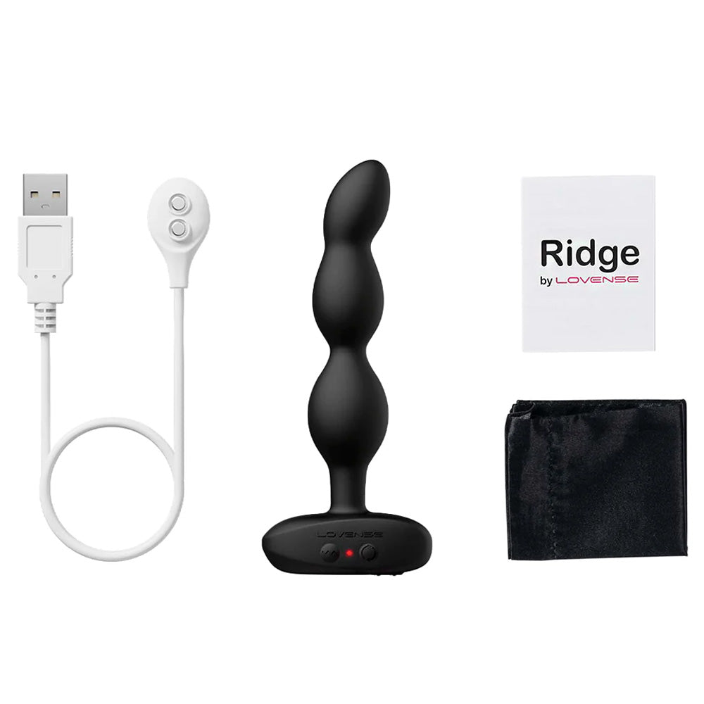 A flat lay of Lovense's Ridge rotating and vibrating anal beads next to its charger, instructions and storage bag.