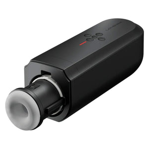 A Lovense thrusting masturbator shows its frosted sleeve extending out of the black rectangular case.