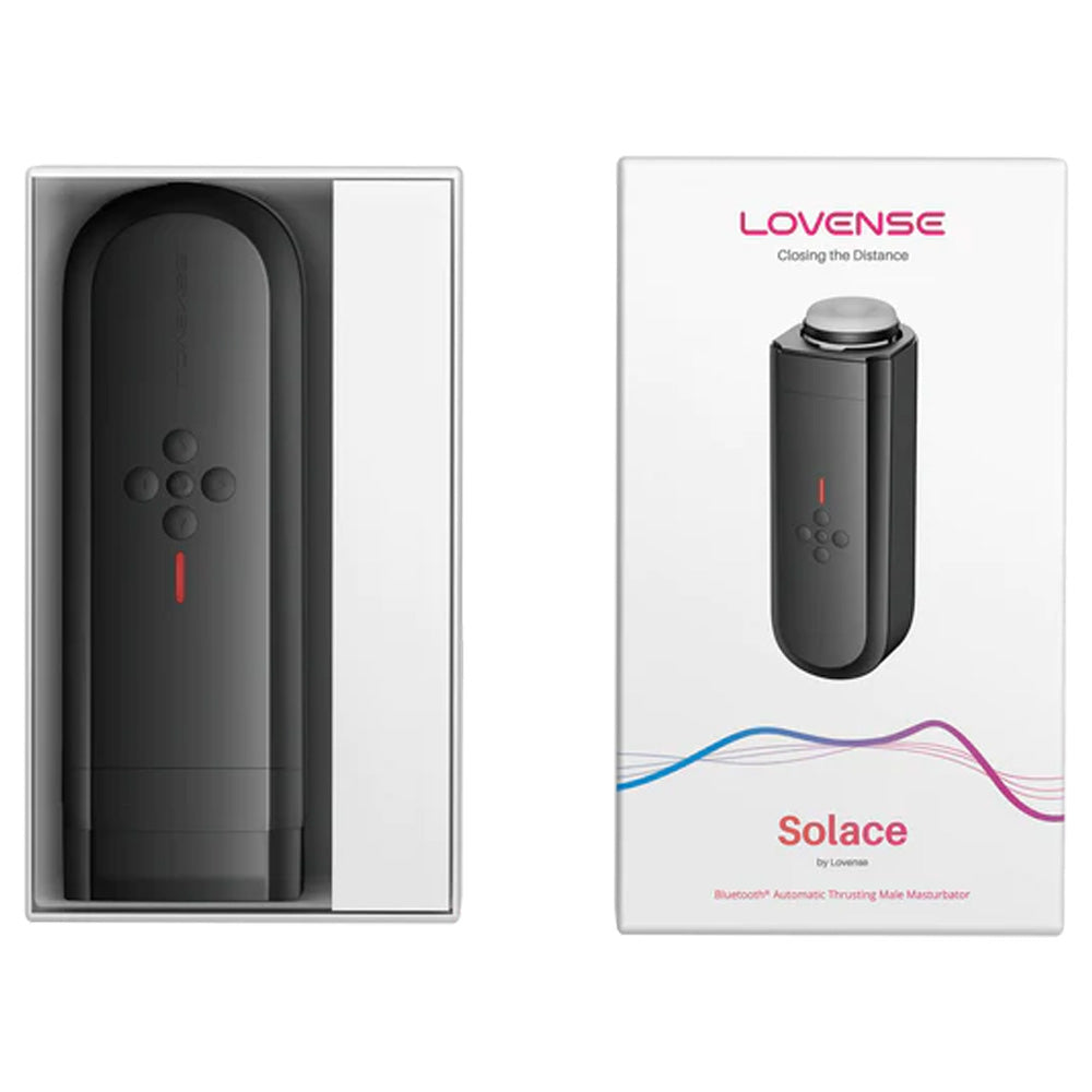 An open box shows a Lovense Solace thrusting masturbator inside with the box's lid next to it.