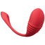 A red hands-free thrusting G-spot vibrator from Lovense shows its sleek egg-shaped tip from an angle.