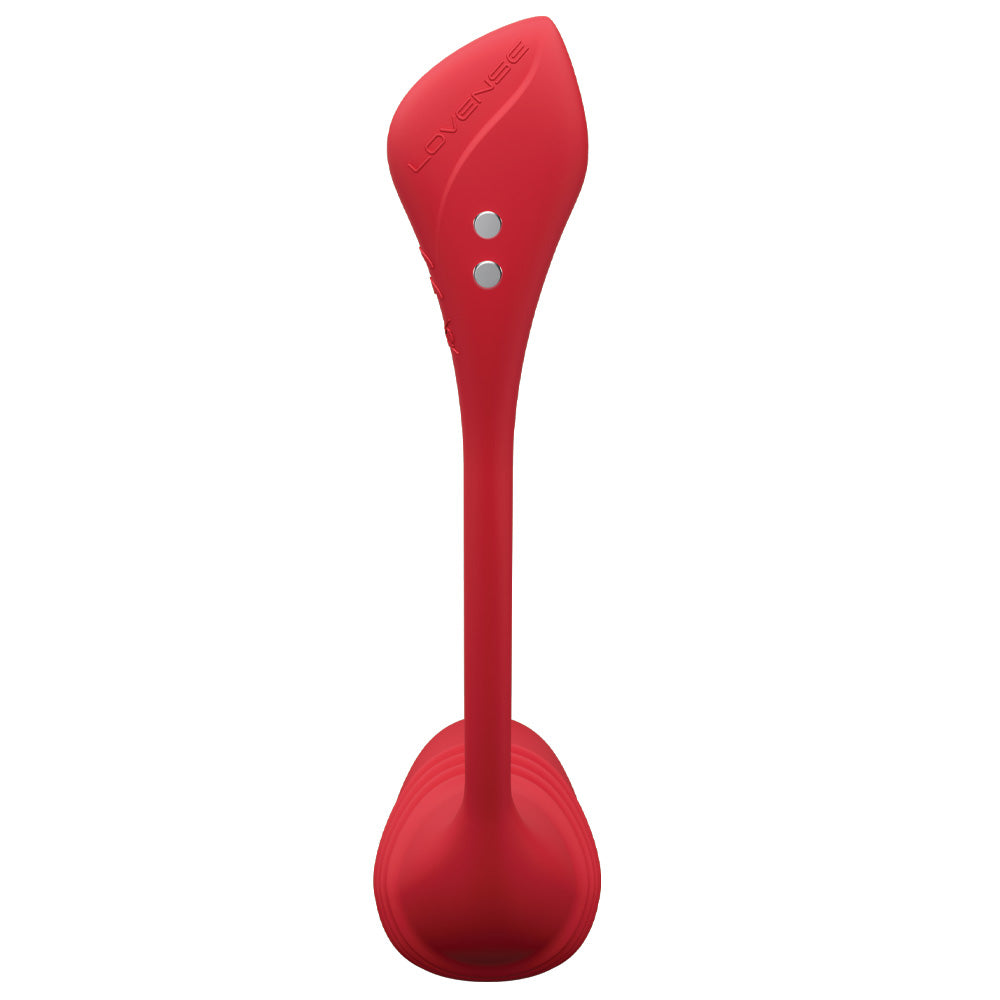 A rear shot of the red hands-free thrusting Lovense Vulse egg vibrator showcases its two magnetic charging points.
