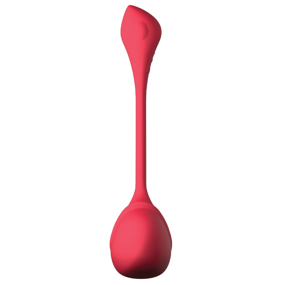 A front view of a red silicone thrusting G-spot egg vibrator shows its power button at the end of the retrieval tail.