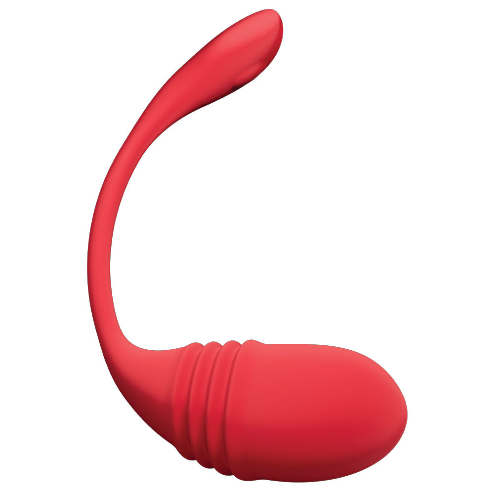 Side view of a red silicone G-spot vibrator by Lovense showcases its egg-shaped body and retrieval tail with power button.