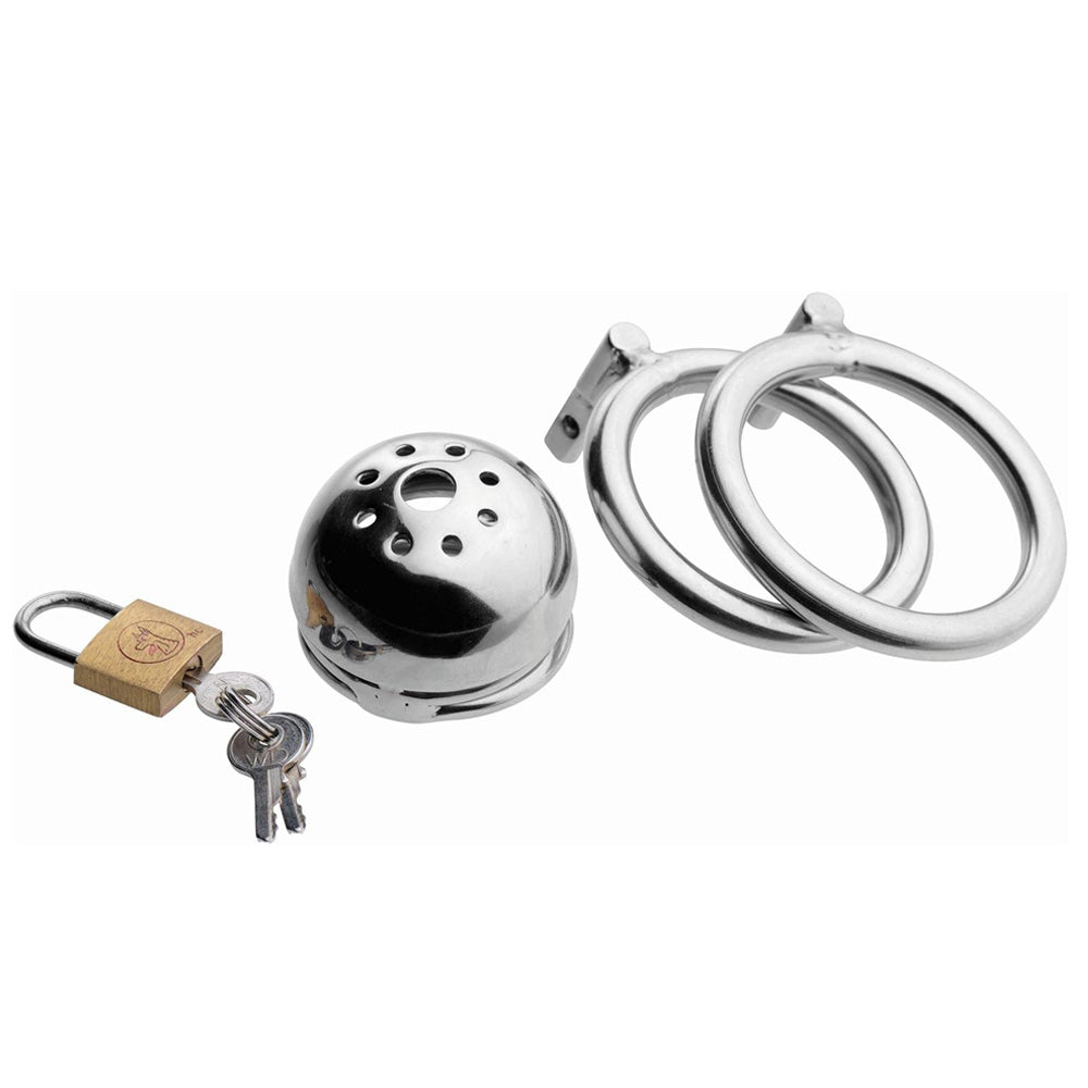 A disassembled Master Series Solitary Confinement Cock Cage sits next to a padlock, keys and 2 differently sized base rings.