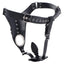 The back of a men's chastity harness shows adjustable waist and rear straps, plus the cock and ball ring and anal plug.