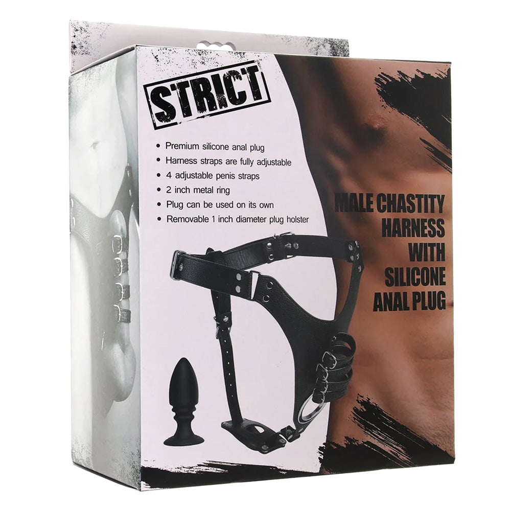 A white box for the Stricht Male Chastity Harness with Silicone Anal Plug sits against a plain backdrop.
