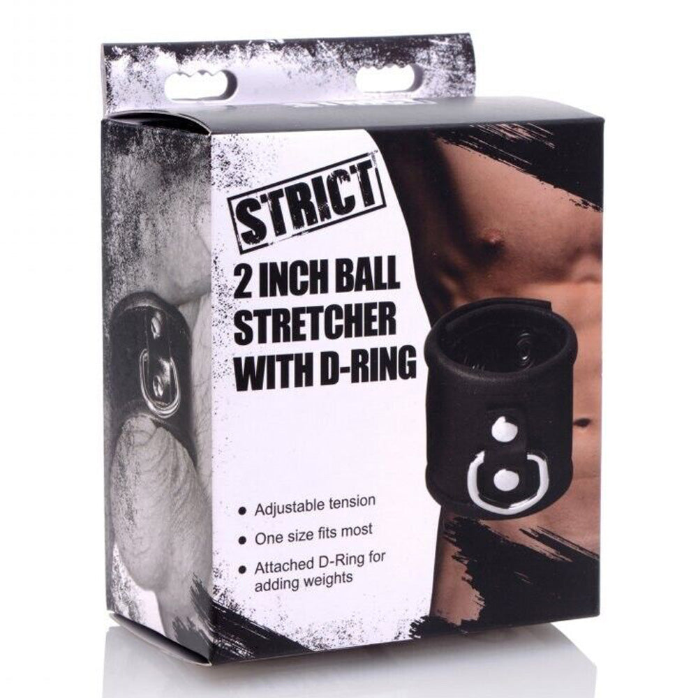 A Strict branded box shows a black faux leather ball stretcher adorned with a D-ring on the front of the packaging.