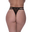 A rear shot of a curvy lingerie model wearing a high-cut mesh thong in black with satin strap details.