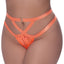 A curvy lingerie model wears a strappy orange cutout thong with a gold O-ring above the navel attached by satin straps.