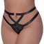 Close-up of a curvy lingerie model wearing a strappy cutout thong with a sheer geometric stripe pattern on the mesh gusset.
