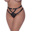A curvy lingerie model wears a two-strap sheer cutout thong with a gold O-ring attached above the navel by a satin strap.