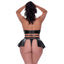 Back view of a curvy lingerie model wearing a wet look set with a skirt garter that has a rear cutout to reveal a thong.
