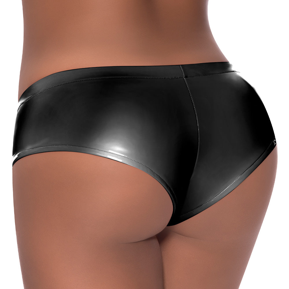 Back view of a lingerie model wearing black low-rise crotchless boy short panties in a high-shine wet look finish.
