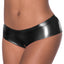 A lingerie model wears crotchless boy shorts with a low-rise hipster design in a black wet look finish.