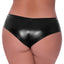 A curvy lingerie model shows the back of some low-rise black wet look panties, showcasing the hipster-style coverage.