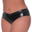 A curvy lingerie model wears an Exposed low-rise split crotch boy short in a black, liquid latex-like wet look material.