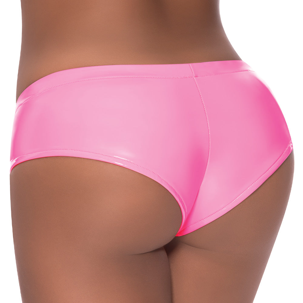 Back view of a lingerie model wearing pink low-rise crotchless boy short panties in a high-shine wet look finish.