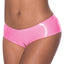A lingerie model wears bright pink crotchless boy shorts with a low-rise waistband and a shiny liquid latex-like finish.