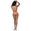 A lingerie model poses to show the back of a strappy orange lingerie set with swan-hook closure attaching all back straps.