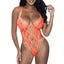A model wears an orange strappy teddy with keyhole cutouts in front and two elastic straps on either side of the waist.