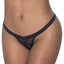 Close-up of a model wearing a black split-crotch thong with a sheer mesh stripe detail.