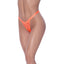 A model wears an orange sheer split-crotch thong that features an elastic high-cut waistband.