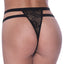 Close-up back shot of a lingerie model wearing a strappy thong with geometric stripe patterns on the sheer black mesh.