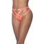 A model wears a sheer orange cutout thong with dual strap details, a gold O-ring at the navel and a sheer stripe pattern.