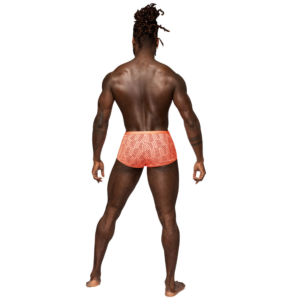A male model wearing orange cutout boxer briefs by Male Power shows the underwear's rear, featuring high-cut legs.