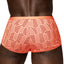 A rear close-up shot of a male model wearing orange boxer briefs with a sheer stripe pattern and a satin elastic waistband.