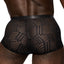 A close-up rear shot of a male underwear model wearing sheer striped mesh shorts in black with a satin elastic waistband.