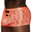 A male lingerie model wears orange boxer briefs with a sheer striped pattern, gold O-ring and cutout window above the pouch.