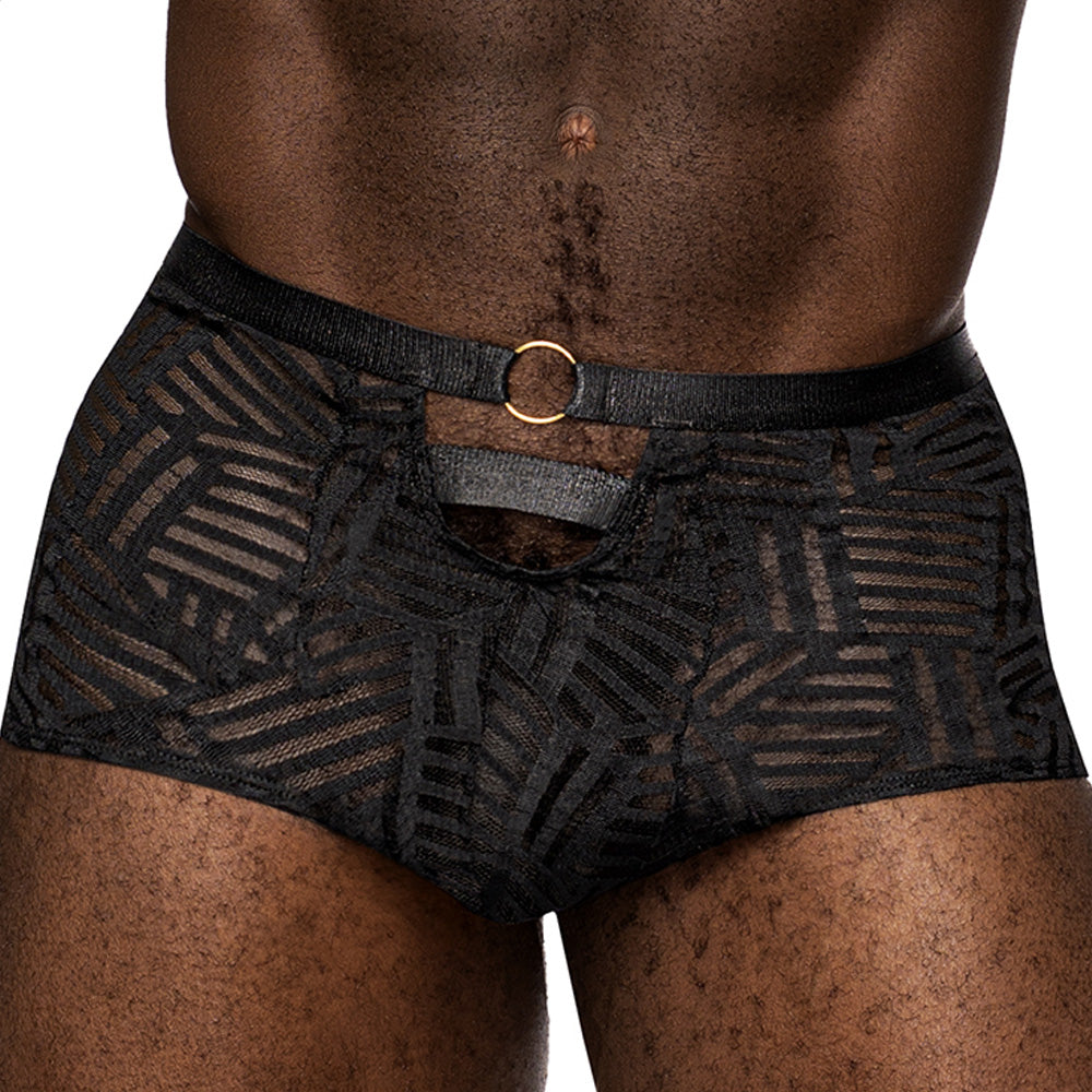 A male underwear model wears black sheer striped mesh boxers with a strappy waistband cutout window with a gold O-ring.