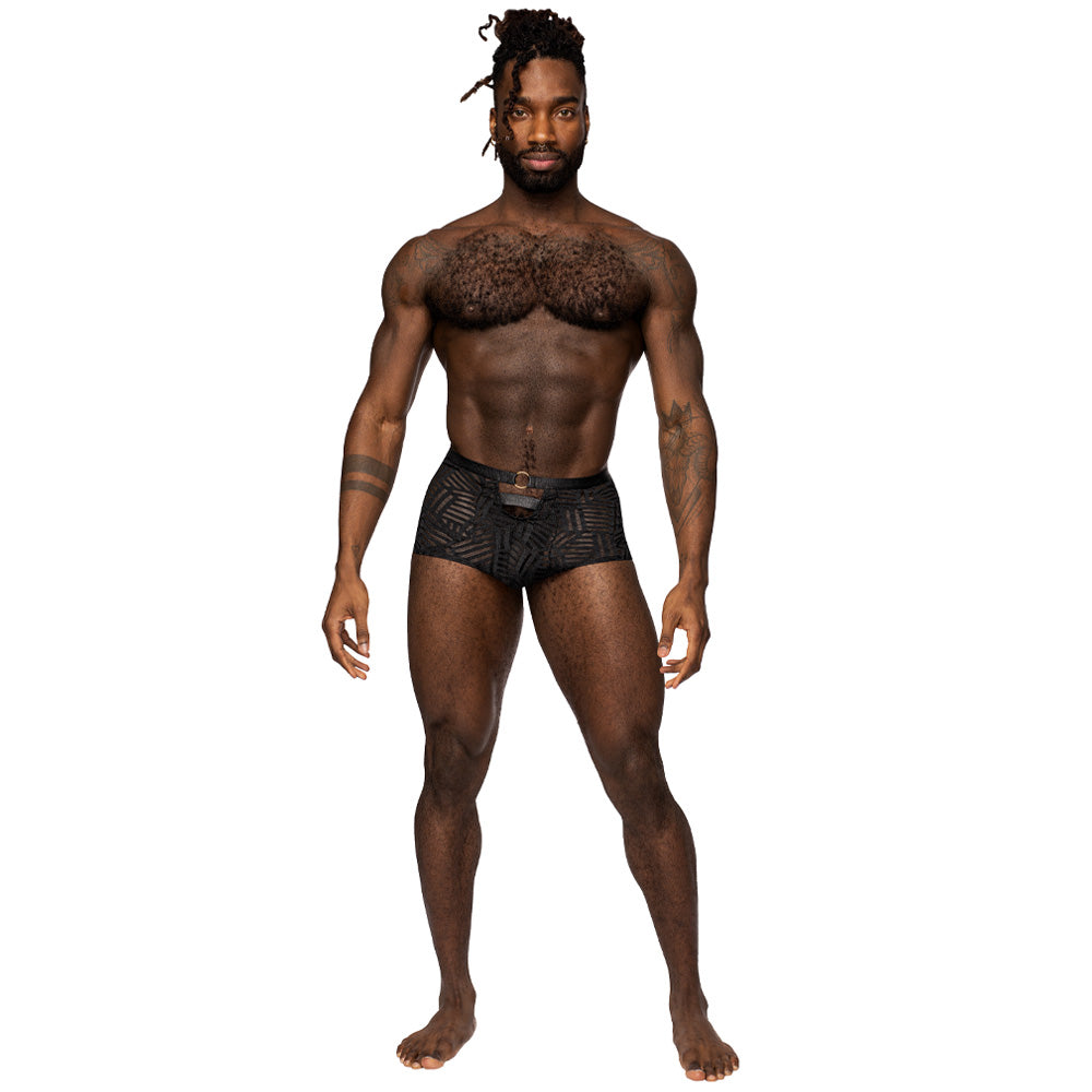 A male lingerie model poses on a white backdrop wearing black mesh boxer brief shorts with a sheer geometric stripe pattern.