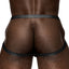 A male model wears a black jockstrap, showing the backless rear with a satin waistband and leg straps outlining the buttocks.