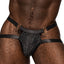 Close-up of a male model wearing a cutout ring jock in black sheer mesh with a striped pattern and gold O-ring details.