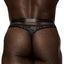 A close-up rear shot of a male model wearing a sheer mesh thong with a floating satin waistband strap in black.