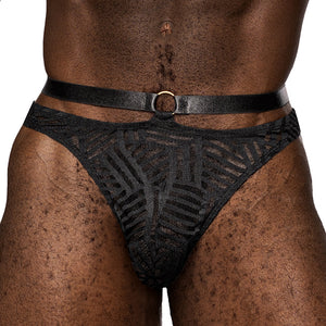 Close-up of a male model showing a black striped mesh thong with a floating satin waistband connected with a gold O-ring.