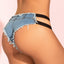 Back view of model wearing strappy denim micro shorts with frayed edges and real belt loops.