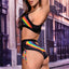 Back view of a model wearing a cutout crop top and panty set with adjustable rainbow panty side ties.