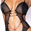 A close up of a model wearing a cutout teddy with the bust being half covered in fishnet and other half fully covered.