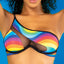 A close up of a model wearing a rainbow printed one strap shoulder crop top.