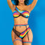 A model wears a rainbow print underwired top and garter panty set with one shoulder strap.