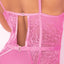 Close up back view of a model wearing a sheer pink mesh teddy that showcases two rear swan hooks.