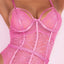 Close up of a model wearing a pink floral mesh teddy with underwire bust and subtle cage strap detail.