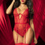 A model wears a red lingerie one piece with sheer mesh and heart-patterned lace.