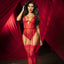 A model wears a red sheer lingerie one piece with a plunging neckline with exposed underwire and a mid cutout section. 